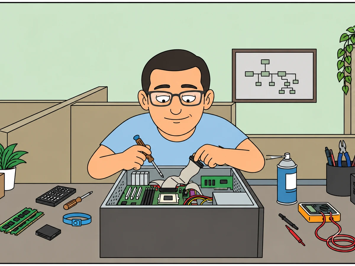 Illustration of a PC builder working inside an open desktop computer