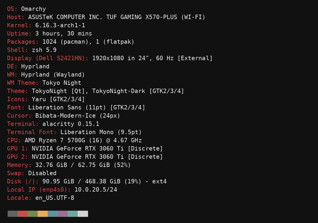 Omarchy desktop system snapshot with Ryzen 7 5700G, dual RTX 3060 Ti GPUs and 64 GB RAM