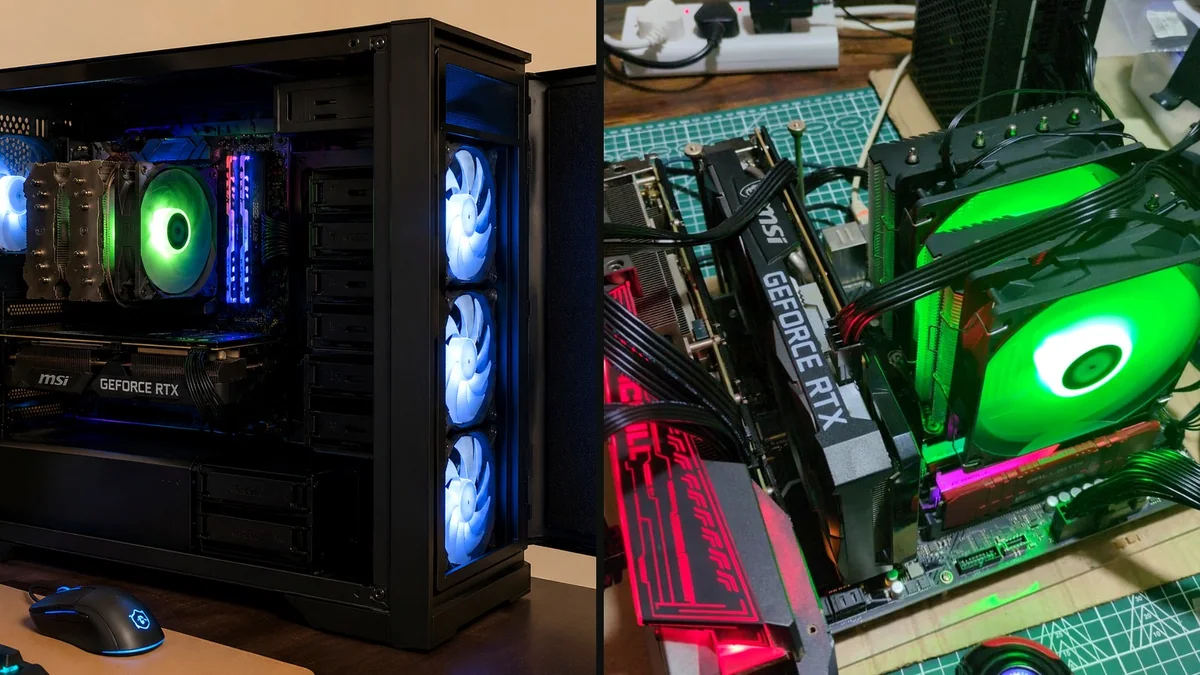 The Budget LLM Box shown as a two-pane visual with finished system concept and real dual-GPU build bench